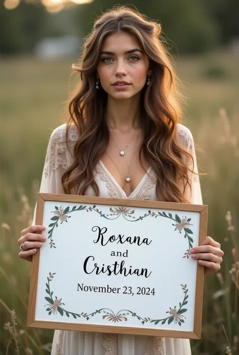 Beautiful girl with long wavy hair, bohemian dress, holding a whiteboard with the text Roxana and Cristhian&#39;s wedding /23/11/2024