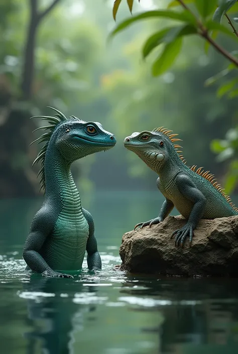 waterdragon and iguana in one frame in water on the rock 