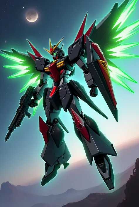 robot gundam have wings mecha, black and red and white body, flying in space, and there is a small moon planet, many stars, has a gun and shield in his hand, the weapon emits a green light, pose aiming, elements red, forward shooting weapon