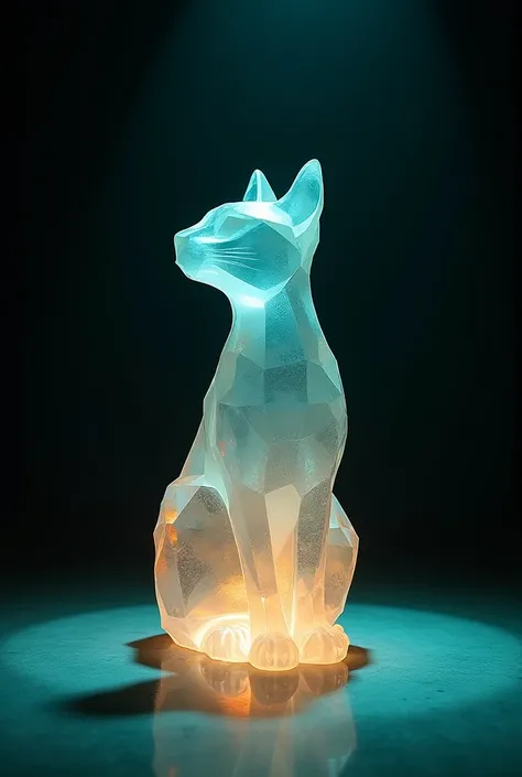 Transparent cat sculpture in shape of diamond in a dark room with teal and orange spot lights 