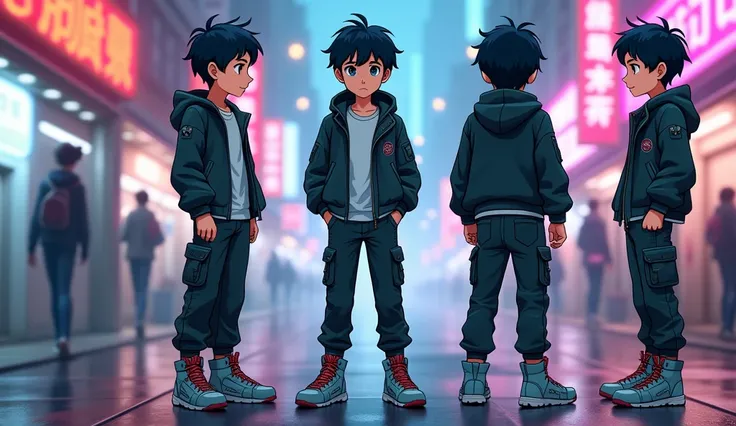 anime style, detailed character sheet, different points of view, full body, Teenage boy,, light skin, Blue eyes, dark hair, casual clothes, cyberpunk