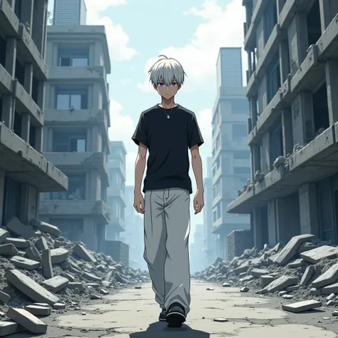 I am a  anime boy, 190 cm tall, thin but fit, with a beautiful appearance, and with a very tired, unrealistically serious and confident face and with bags under my eyes, with short and combed back white hair and bright very beautiful eyes of different shad...