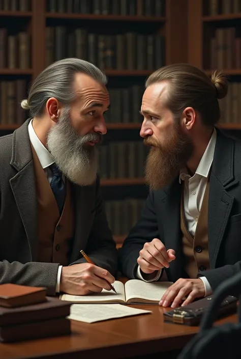 2 man, with beard, professor, straight hair, small ear, white skinned
