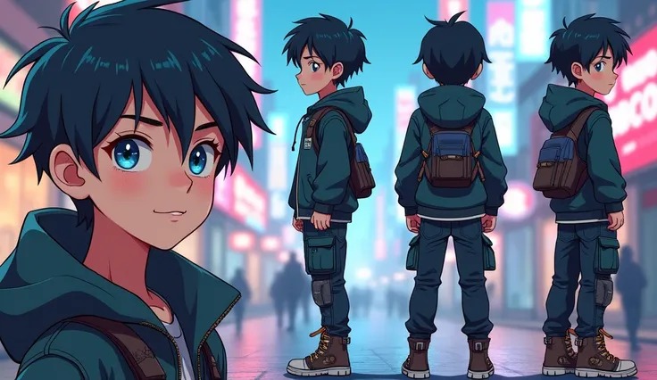 anime style, detailed character sheet, different points of view, full body, Teenage boy,, light skin, Blue eyes, dark hair, casual clothes, cyberpunk