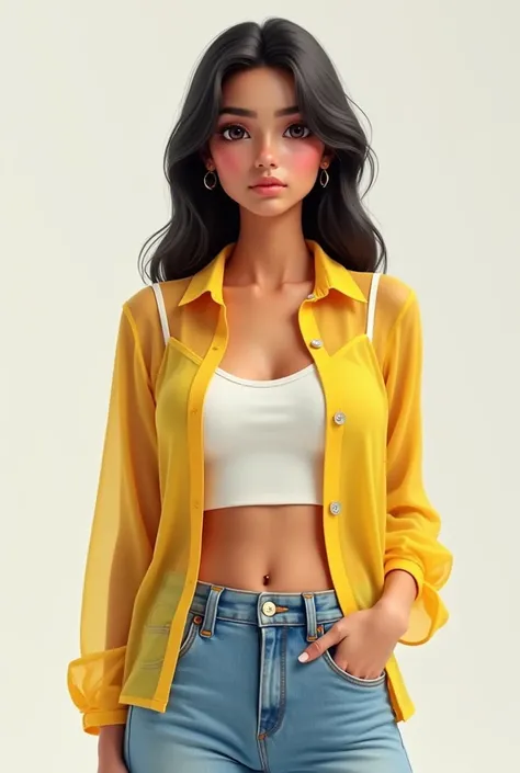 a north indian woman in her 20’s
 and design her outfit as follows
a yellow translucent mesh shirt that is buttoned up
over a white spaghetti top with thin straps bur not too thin and the length of the spaghetti top is only a little
bit above her belly but...