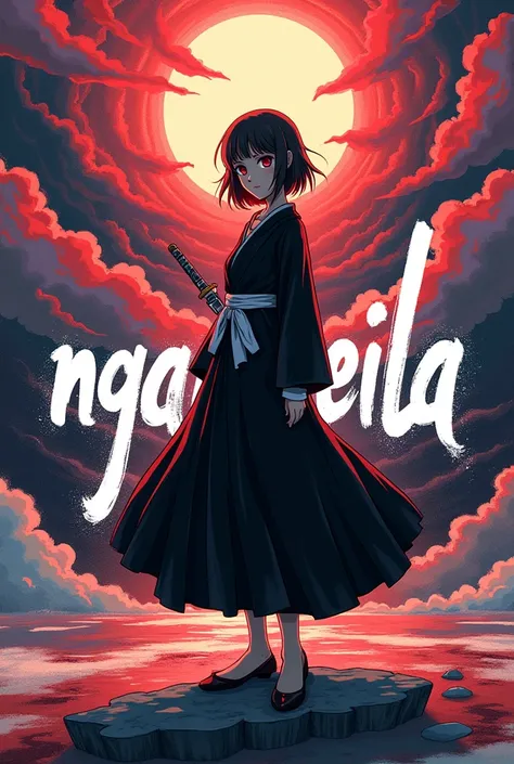 The word"NGAMLEILA" in stylish font with Rukia from bleach anime 
