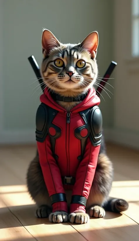 Cat without mask in Deadpool clothes mode sitting on the floor realistic