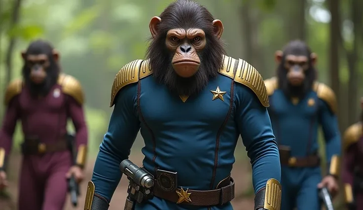 The image is a still from a film featuring characters with ape-like facial features and hairy faces. The central figure has dark brown fur, a prominent eyebrow, and a serious expression. This character is dressed in Star Trek-inspired uniforms, wearing a b...