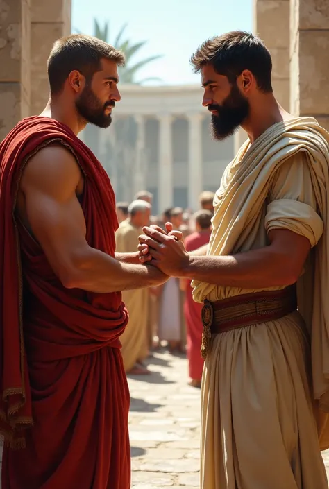 TWO MIDDLE CLASS MEN FROM ANCIENT ROME, shaking hands
