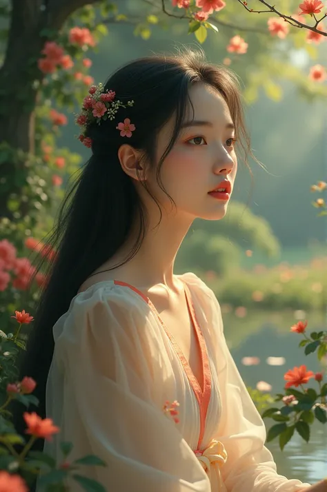 Creat a beautiful korean girl showing her romantic feelings in in front of nature 