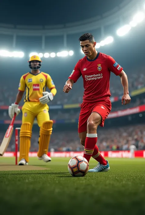 Imagine that : Cristiano ronaldo playing ipl ( Indian premier league ) in chinnaswamy stadium and behind him ms dhoni looking for the stumping and crowd is filled by yellow t shirts and some of red t shirts and the match is Playing between csk and RCB wher...