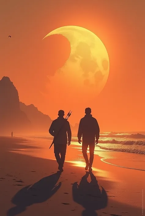 Two men walking at sunset on a deserted beach and in the sky a planet similar to the moon with a wave on its crest