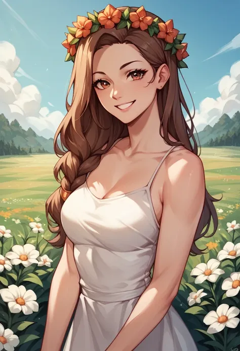 check_9, check_8_up, check_7_up, check_6_up, check_5_up, check_4_up, source_anime, 1woman,Laura:amber1-000008:1>, amber5star, upper body, smile, value, brown hair, wreath of flowers, Long hair, brown eyes, White dress, thin legs, looking at the viewer, fie...