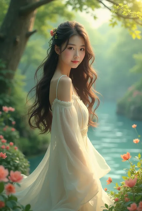 Creat a beautiful korean girl showing her romantic feelings in in front of nature , with waving hairs