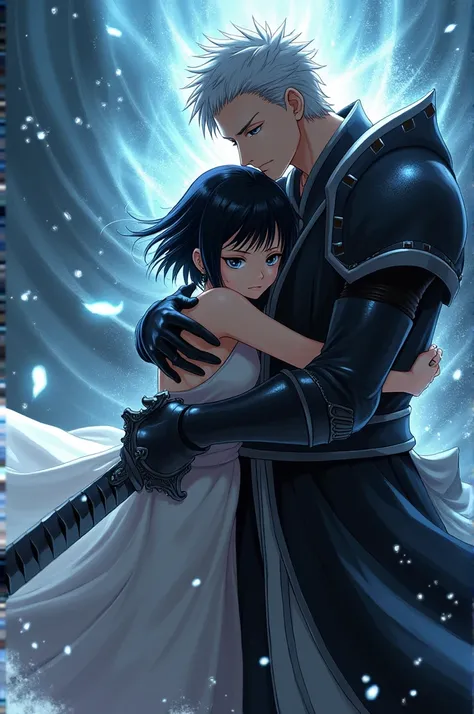 A girl with black short hair and black eyes hugging rukia in bankai form from bleach
