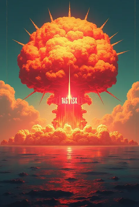 Futuristic color drawing with a background of an atomic bomb that in the center says - Nagasaki Also - with cool typography with points and both in capital letters
