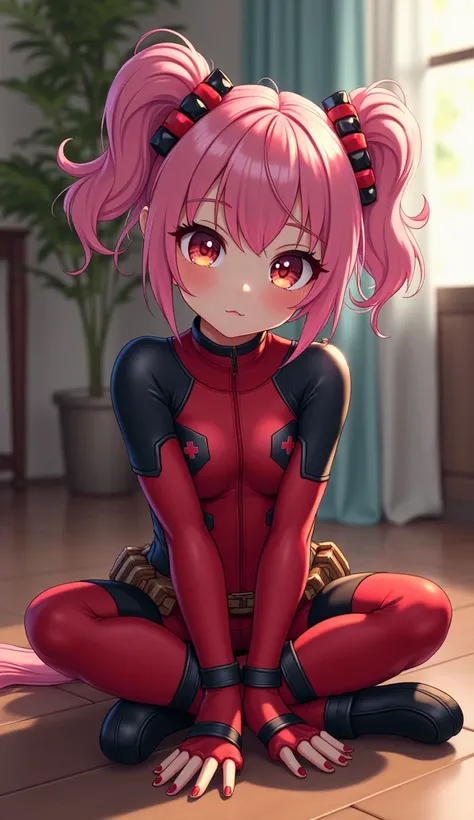 Girl Kawaii without mask in Deadpool clothes licking boob mode sitting on the floor realistic