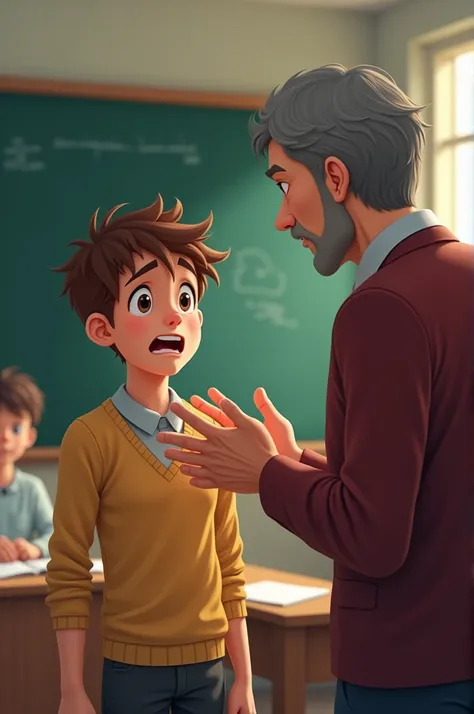 Brown-haired boy telling his 50-year-old teacher that he didn&#39;t finish his homework 