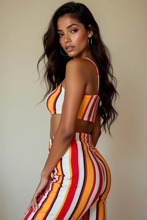 Brazilian model wearing striped outfit.