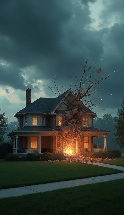 A hyper-detailed, photorealistic scene inspired by Poltergeist (1982). A large, suburban house is being torn apart by an unseen force, with walls collapsing inward, windows shattering, and debris flying in every direction. The sky above is filled with dark...