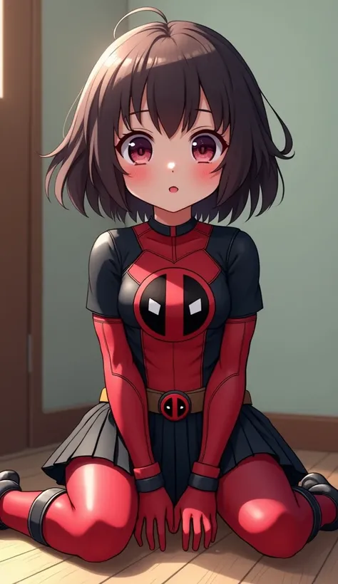 Girl Kawaii black skirt without mask in Deadpool clothes mode sitting on the floor realistic