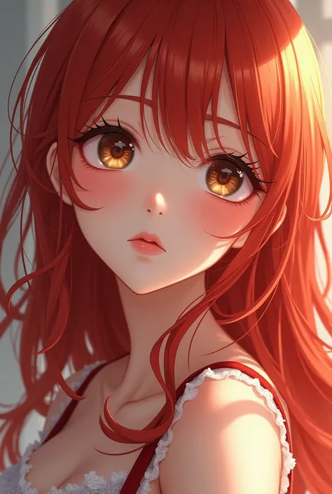 Girl with long loose wavy red hair, light brown eyes, round face, white skin, anime