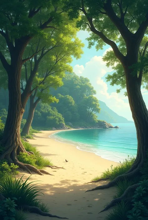 A beach surrounded by trees not and romantic vibe with no people 