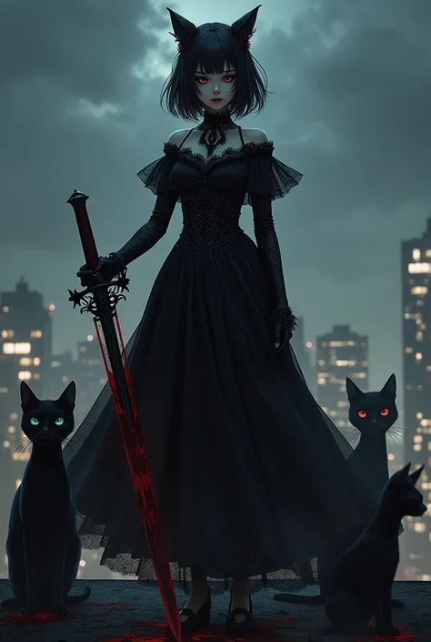 Nezuko in gothic clothing holding a sword with blood on top of a roof accompanied by 2 black cats