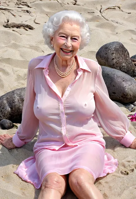 Cute queen elizabeth 80yo, smiling sweetly, lying on a caraibic beach, ((wrinkles in chest)) , (spread legs), (((sheer pink silk shirt))), short skirt, (huge saggy breast:1.4), (((nsfw))), (huge cleavage), unbuttoned