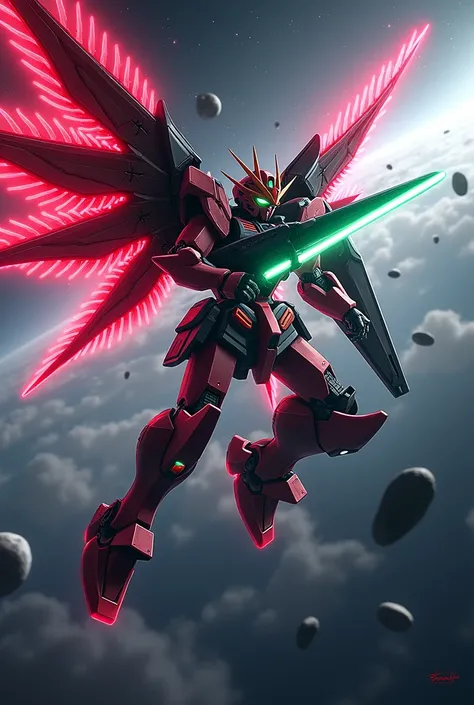 robot gundam have wings shine red cool, black and red and white body, flying in space, and there is a small moon planet, many stars, has a big gun and shield in his hand, the gun emits a green light, pose aiming, elements red