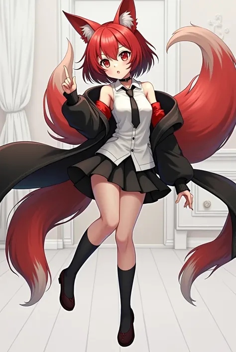 1girl, masterpiece,best quality,super fine illustration, red hair ,short hair, black streaked hair, red eyes ,fox ear ,fox tail, bare shoulders, thigh ,black knee-high socks,(black skirt),(white shirts),red inner shirts, black jacket ,black belt, black tie...