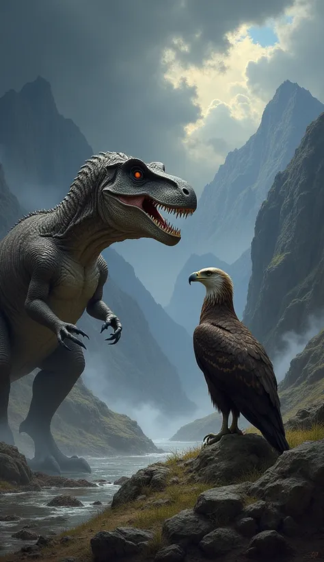 dinosaur and big Eagle  face of  each other looking eyes with a dark, stormy sky and ominous mountains in the background, emphasizing the ferocity of the moment."