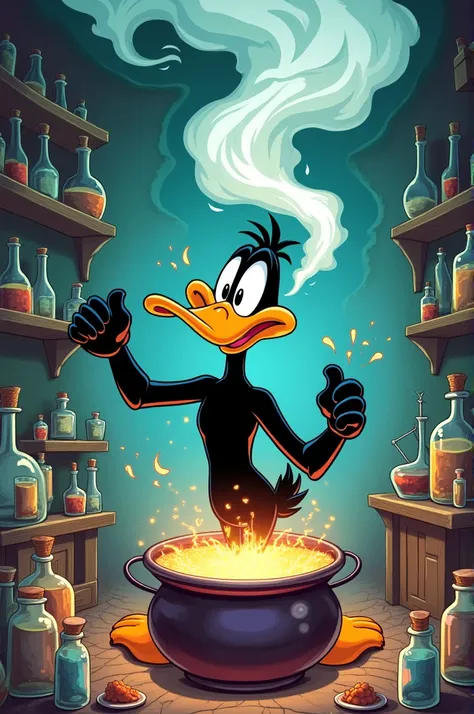 Daffy Duck from the cartoon, stirring up smoke.