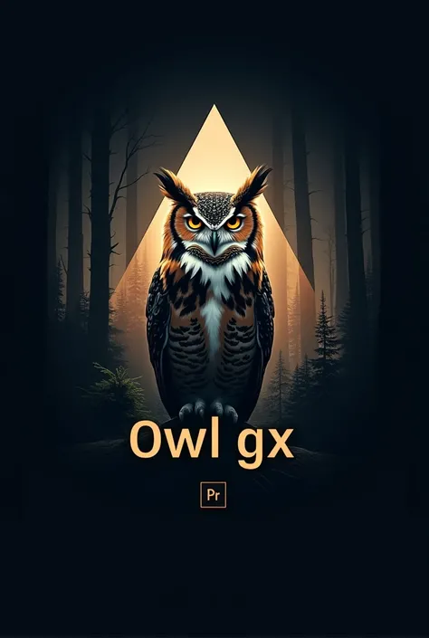 Logo with an owl with a triangle background and a dark forest background and below the image that says OWL GX realistic