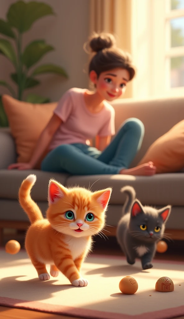 A cozy living room with three playful kittens. Milo, an orange kitten with white stripes on his back and green eyes, is bouncing around with curiosity. Luna, a sleek grey kitten with bright blue eyes and a fluffy tail, is observing cautiously. Coco, an ene...