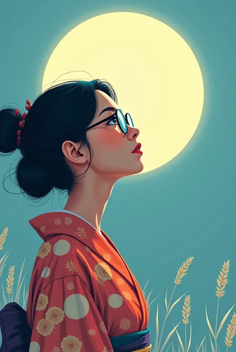 Beautiful girl with glasses、Gazing at the full moon alone in a yukata、Susuki、interesting、Flat Color、Bold Pose