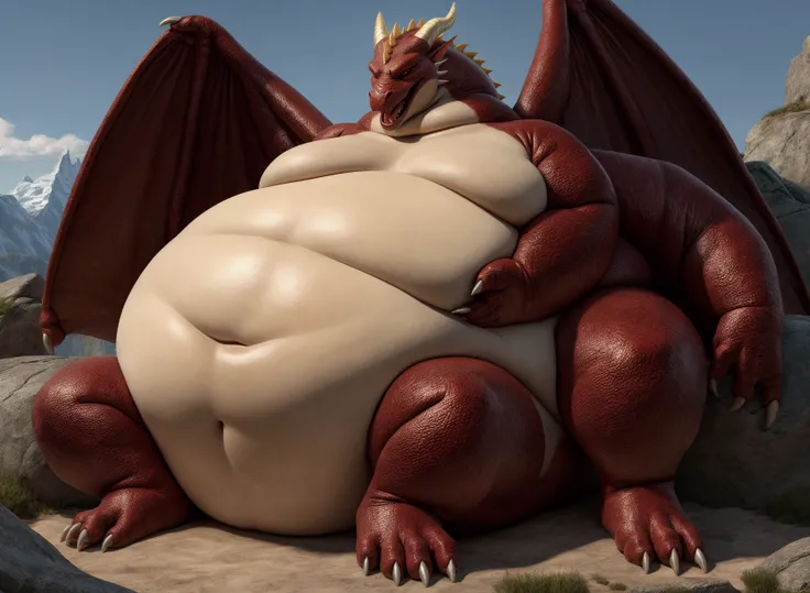 Red dragon man、Sole、sharp claws on feet、Angry、Wide open mouth、Very obese arms、Very large abdomen、Very obese face、Very obese arms、Abnormally obese legs、A belly as big as a mountain、Abnormally large amounts of fat 、Lying body、Red scales all over the body、A c...