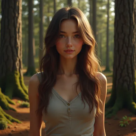 (photorealism) The girl is standing, Looking at us, with brown hair, falling in waves down my back, brown eyes, slightly dark skin, in closed everyday autumn clothes, against the backdrop of dense forest and pine trees. Evening time.