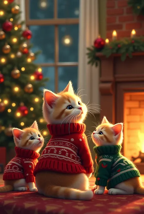 Lovely cat and many kittens in christmas sweater by open fire sofa and chtrimas tree 