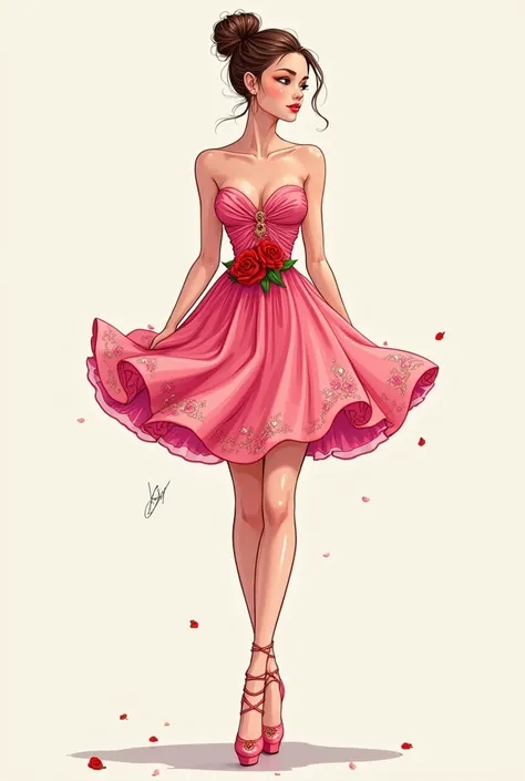 Create a image of rose as fashion illustration short dress 