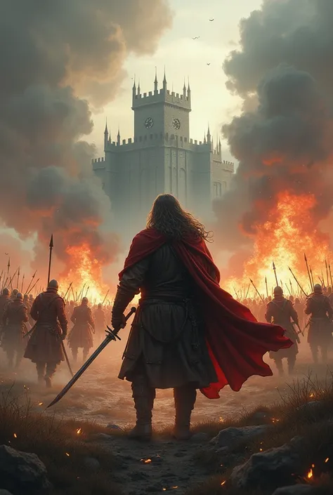 The blacksmith and his rebel army are at the center of a fierce battle against the king&#39;s troops.. Swords clash, the arrows fly, and the sound of metal resonates across the battlefield. In the background, The king&#39;s imposing fortress stands as a sy...