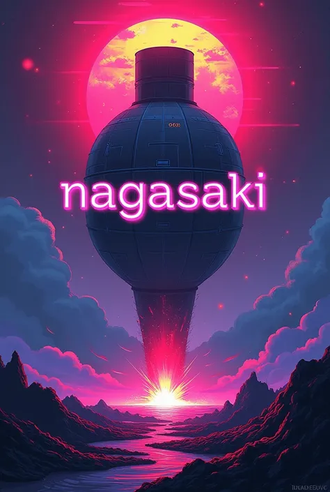 Futuristic colored drawing of an atomic bomb with the word - written in cool pointed letters in the center."Nagasaki" and below it the word "Also" in Spanish 