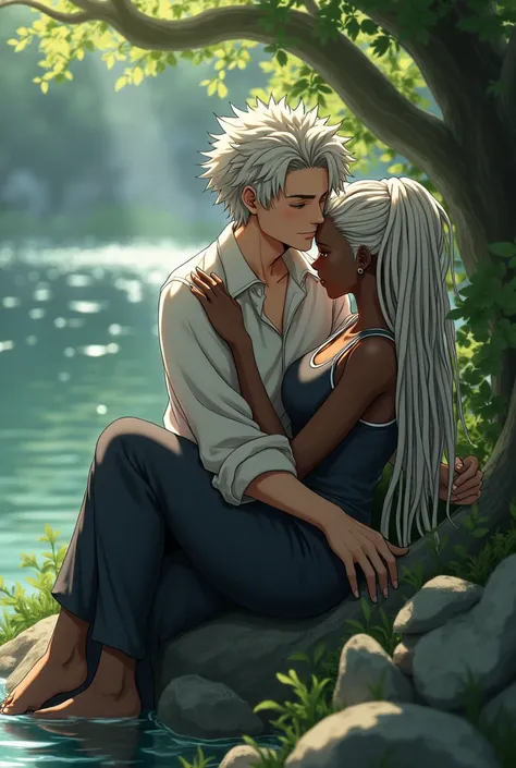 Ban character from Nanatsu no Taizai sitting on a rock with a black woman with white dreadlocks in her hair sitting on his lap being protected in a gentle and romantic way 