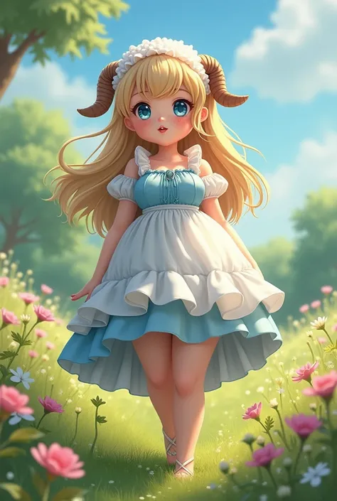 (best quality,highres,masterpiece),ultra-detailed,(realistic,photorealistic,photo-realistic), cute sheep girl. Flowy honey blond hair that reaches waist that is very soft Sky blue eyes Curvy hourglass body with Large Tits, Slim waise with big hips, and a L...