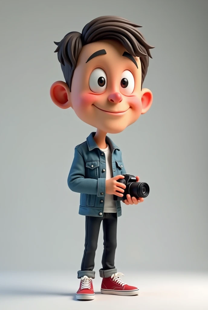 3D cartoon caricature, big head, full body, a man, neat hair, wearing a jeans jacket, black jeans, Vans shoes, standing with a camera, gray background, Disney Pixar style.