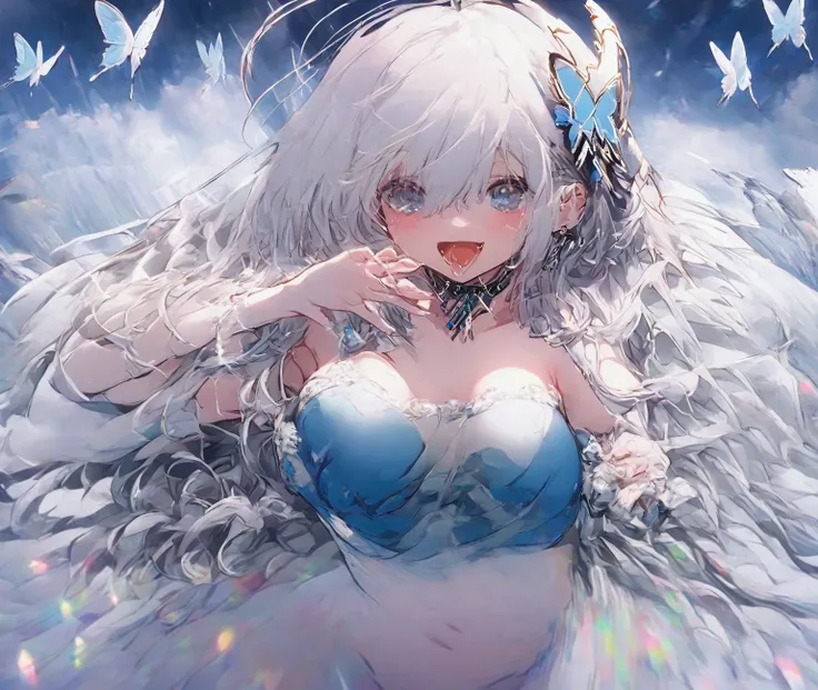 1girl_showing_breast, solo, long_hair, white_hair, very_long_hair, large_breasts, blue_eyes, no_mouth, no_pupils, hands_up, bodysuit_completed_nude, thigh_gap, covered_navel, collarbone, looking_at_viewer, bule_butterfly, open_mouth, butterfly_hair_ornamen...