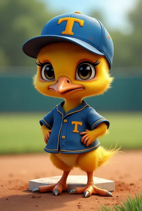 A Toucan chick baseball player all beaten up, and that he is wearing a blue and yellow button-down baseball uniform, with Blue Cap with the letter T in front