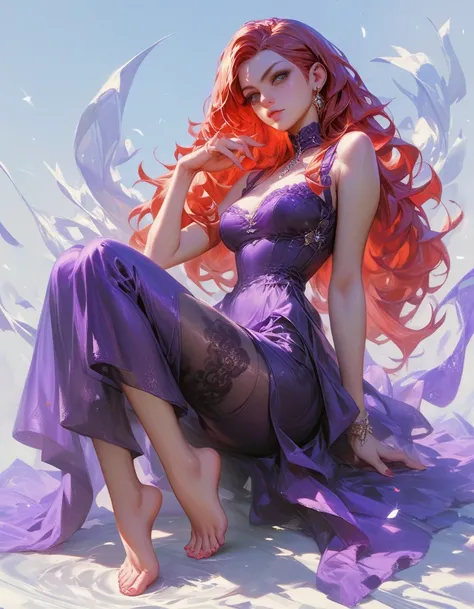 score_9, score_8_up, score_7_up, score_6_up, score_5_up, ann margrock, 1girl, red hair, long hair, solo, barefoot, purple dress
