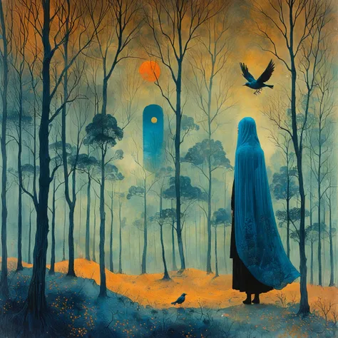 painting of a woman with a long veil and a bird in a forest, zdzislaw beksisnski, zdzislaw beksiński, surrealist painting, draga...