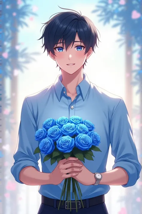 A cute anime men blue shirt and black pant hold a bunch of blue rose and a ring 